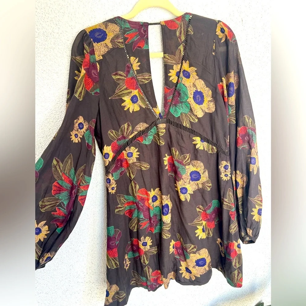 NWOT FREE PEOPLE Strawberry Fields Floral Tunic Dress Brown Long Sleeve Boho SM